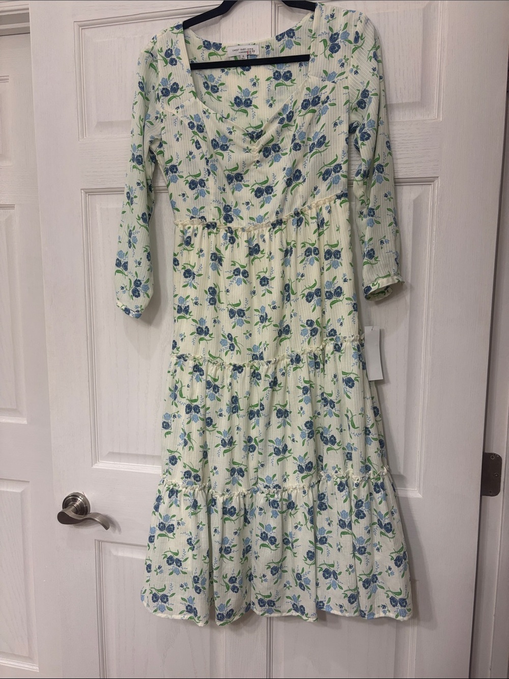 Sweet Baby Jane Cream Midi Dress with Blue & Green Floral Print